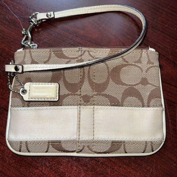 Coach Signature Tan Brown Wristlet Monogram Cream Accent Wristlet - Picture 1 of 11